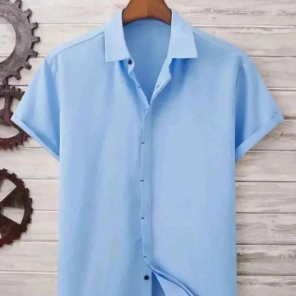 Blue Basic Men's Button Up Shirt - Picture 1 of 6